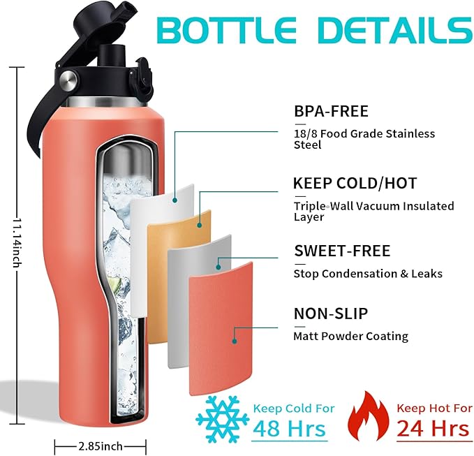 Vacuum Insulated Water Bottle 40oz - w/Straw Lid & Spout Lid,Leak-Proof Insulated Thermal Cups w/Carrier Pouch with Strap & Protective Boot, Thermo Coffee Flask Fit in Bike Car Cup Holder