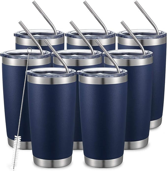 COMOOO 20oz/8Pack Double Wall Vacuum Insulated Coffee Travel Mug Stainless Steel Tumbler Bulk with Lid and Straw Durable Powder Coated Insulated Coffee Cup for Cold & Hot Drinks, Navy, 8 Pack