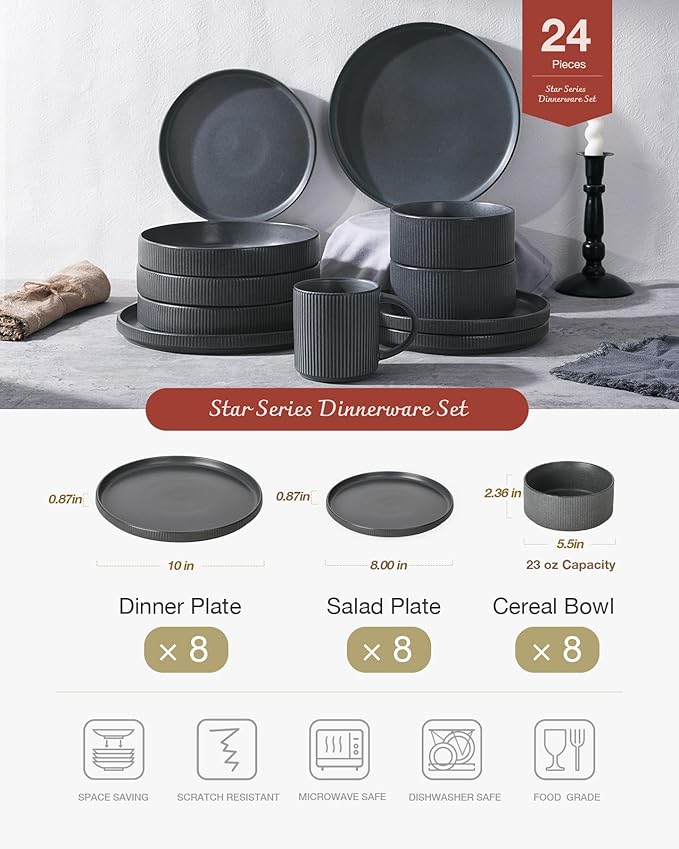 Famiware Star Plates and Bowls Sets, Modern Stoneware Dinnerware Sets for 8, 24-Piece Kitchen Dish Set - Microwave and Dishwasher Safe, Chip and Scratch Resistant, Matte Dark Charcoal