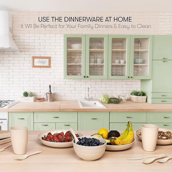 Wheat Straw Dinnerware Sets | Unbreakable Dinnerware Sets | Dishwasher Microwave Safe Dinnerware | Eco Friendly Non Breakable Dinnerware Sets | RV Outdoor Camping (Beige, Service for 4 (28 pcs))