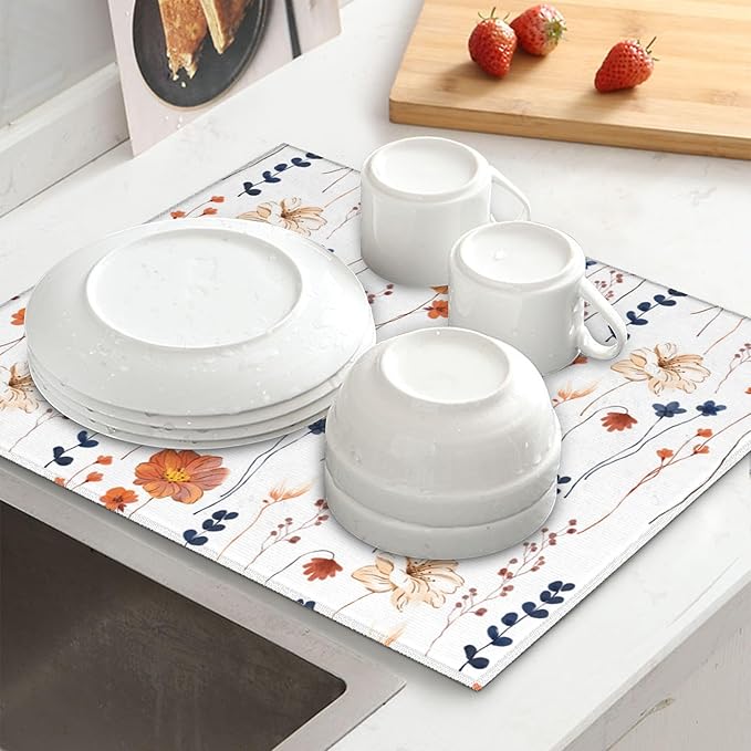 Watercolor Orange Floral Dish Drying Mat for Kitchen Counter Washable Absorbent Reversible Microfiber Orange Flower Decorative Drying Pad Kitchen Accessories 16"x18"