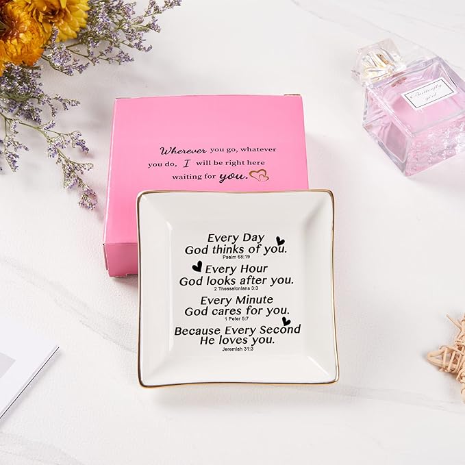 Christian Gifts for Women Faith Jewelry Dish with Bible Verse Prayers, Religious Gifts Scripture Gifts Spiritual Gifts for Women Men Friends Birthday - Every Second God He Loves You