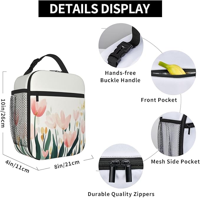 SUPLUCHOM Lunch Bag Tulip Flower Watercolor Insulated Bento Box Cooler with Side Pocket for Girl Boy Women Men Work School Picnic Hiking Daytrip