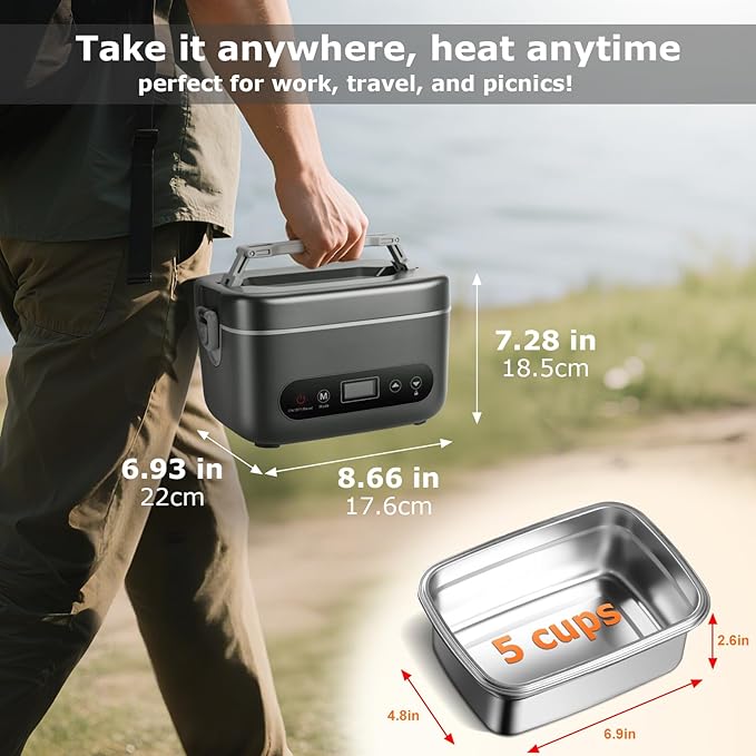 1.2L Cordless Electric Lunch Box – 20000mAh Rechargeable Portable Food Warmer with 5-Sided Heating, Auto Temperature Control, Leakproof & BPA-Free – Perfect for Office, Truck, Outdoors Black