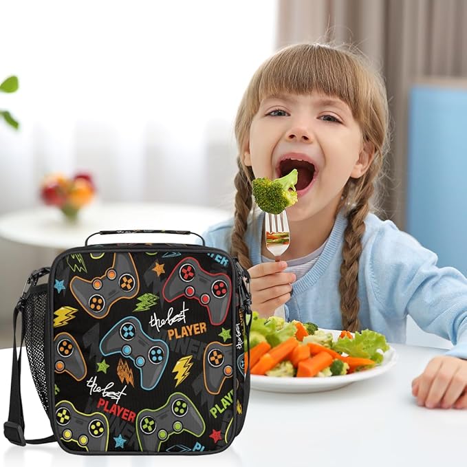 Abstract Joystick Game Lunch Bag Box for Kids Boys Girls Black Insulated Lunch Tote Bag with Adjustable Shoulder Strap Reusable Waterproof Thermal Cooler Bag for School Work Picnic Women Men