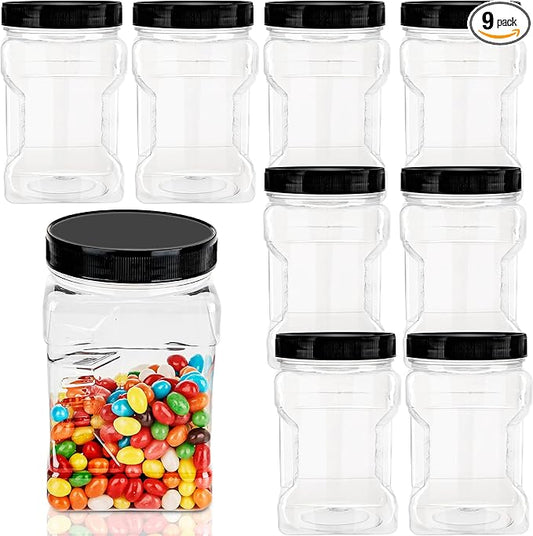 9 Pack 30 oz Square Clear Plastic Jars with Lids Wide Mouth Storage Containers Refillable Easy Grip Airtight Food Storage Jars for Kitchen Dry Goods Cookies Candy