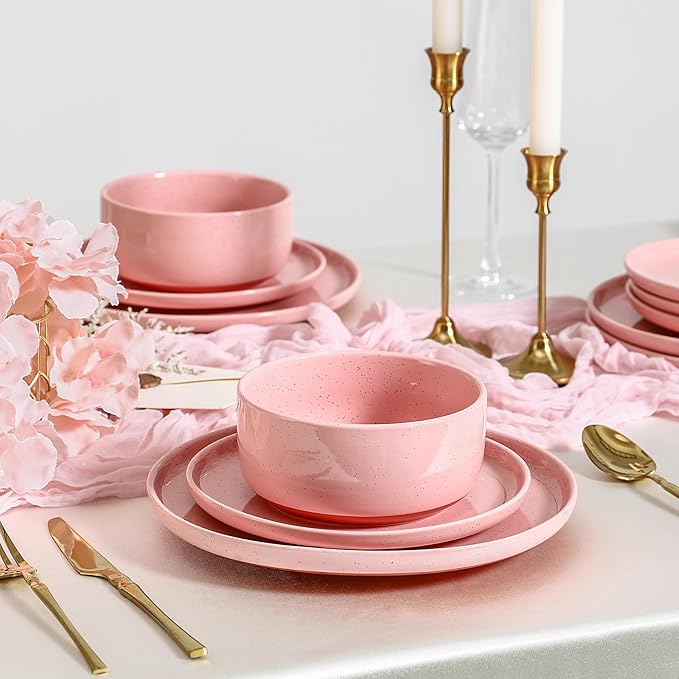GZG Modern Art Series - 6 Pcs Speckled Stoneware Plates and Bowls Sets, Ceramic Dinnerware Set with Rustic Terracotta Underside, Microwave and Dishwasher Safe Handcrafted Dishes Set - Blush Pink