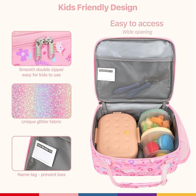 Bagseri Girls Lunch Bag with Ice Pack - Kids Lunch Box for Girls Reusable Leak-Proof and Insulated Kids Lunch Bag Toddler Lunch Box for Daycare and School, Glitter Pink Unicorn