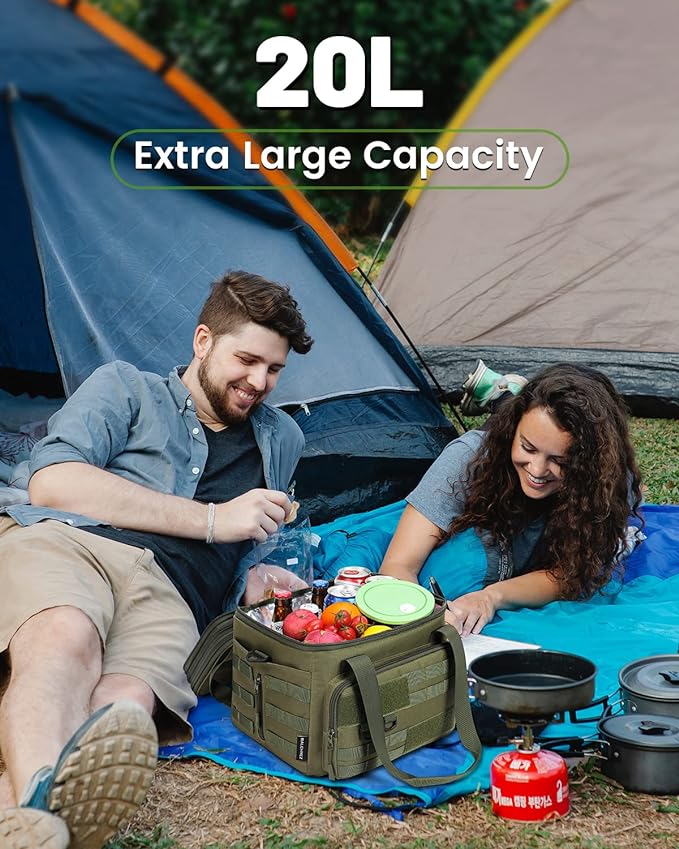 RalChyez Tactical Lunch Bag, 20L Large Heavy Duty Double Deck Insulated Lunch Box Leakproof Expandable Tote Cooler with Shoulder Strap for Adult Men Women Work Fishing Picnic Travel Green