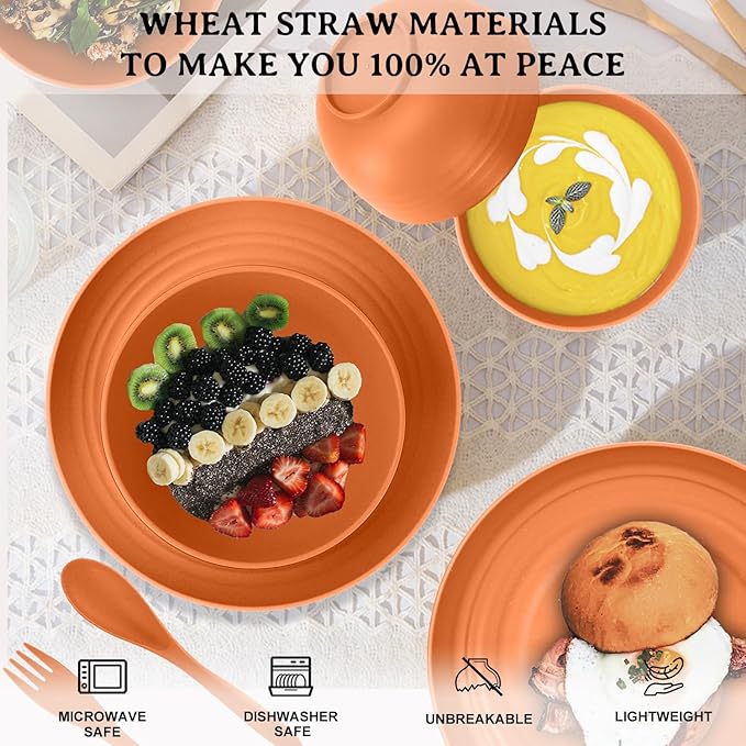 28-Piece Wheat Straw Dinnerware Sets, Microwave & Dishwasher Safe Unbreakable Dinnerware Set, Reusable Dishware Sets, Lightweight Camping Dishes, Plates, Cups, Cereal Bowls for 4(Orange)
