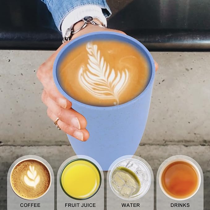 Wheat Straw Cups 6 PCS Good Alternative to Plastic Reusable Cups 12 oz Unbreakable Drinking Cup Reusable Dishwasher Safe Water Plastic Glasses Light Blue