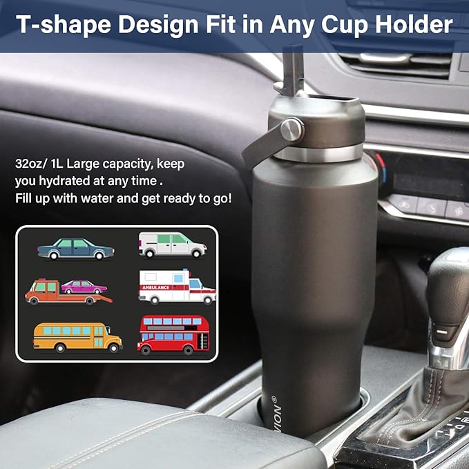 40 oz Insulated Water Bottle with Straw fit in Car Cup Holder(Cold 48 hrs, Hot 24 hrs) Drinking Bottle with Straw Lid, Spout Lid and Flex Cap Leakproof Travel Thermo Mug，Olive