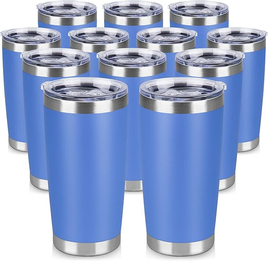 20 oz Tumbler Stainless Steel Tumblers Bulk with Lid Double Wall Insulated Coffee Tumbler Cups for Hot & Cold Drinks Powder Coated Travel Coffee Tumbler Mug Metal (Azure, 12 pack)
