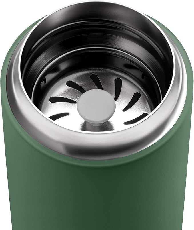 Fellow 12 oz Carter Move Travel Mug - Vacuum-Insulated Stainless Steel Travel Coffee Mug - Coffee Tumbler with Ceramic Interior and Splash Guard - Cargo Green