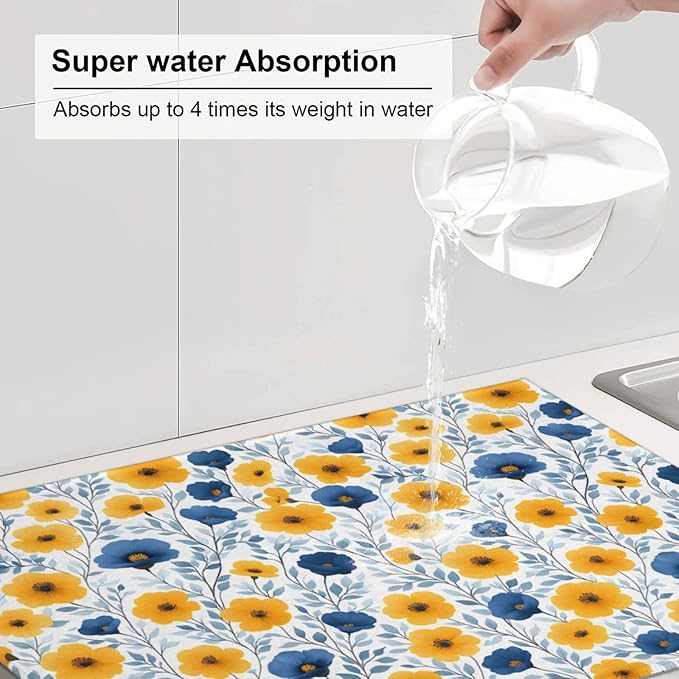 Blue Yellow Floral Dish Drying Mats for Kitchen Counter, Absorbent Microfiber Drying Pad for Dishes, Decorative Kitchen Mat for Sink & Dining Area, Washable Foldable Reversible, Home Decor, 18" x 24"