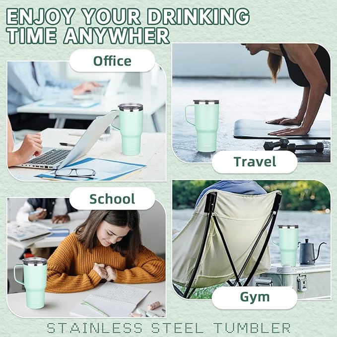 20 oz Insulated Coffee Mug with Ceramic Coating, Stainless Steel Travel Mug Tumbler with Handle Lid and Straw, Double Wall Leak-Proof Coffee Travel Mug Keeps Drink Hot and Cold (Green)