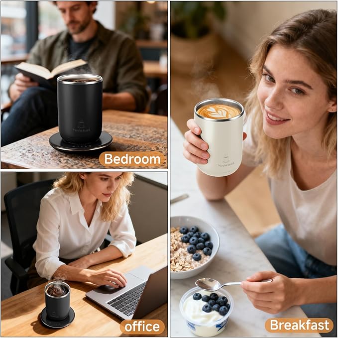 Automatic Self Stirring Coffee Mug with Lid, Smart Temperature Control USB Powered Coffee Milk Cocoa Cup, 11 oz White Stainless Steel Mug Warmer