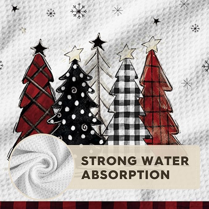 Artoid Mode Red Buffalo Plaid Xmas Tree Christmas Bar Kitchen Towels, 12x24 Inch Quick Dry Microfiber Cloth Dish Towels for Kitchen Drying Set of 2