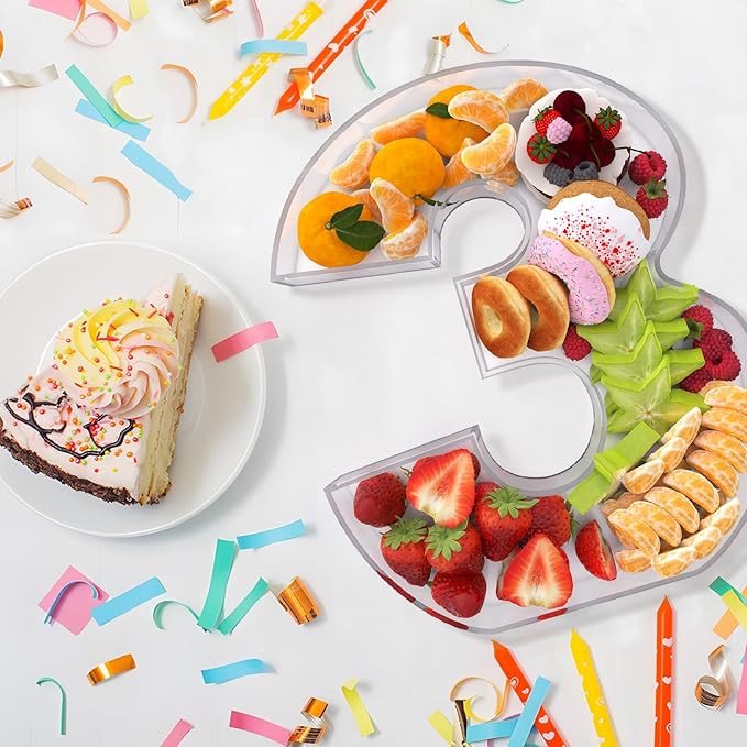 13.8" Extra Large Acrylic Number Charcuterie Board Box, Reusable Fillable Number Cake Candy Dish Display Serving Tray for Birthday Anniversary Party Decoration (3)