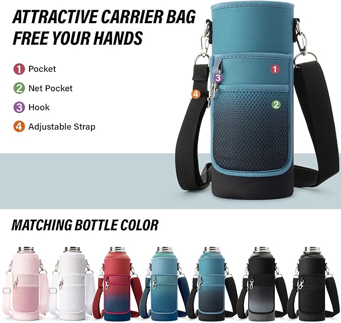 40 oz Insulated Water Bottle | Thickened Stainless Steel Vacuum Metal | Portable Sports Water Jug for Gym and Hiking with Straw, Carrier Bag, Handle Strap | BPA-Free 40 oz