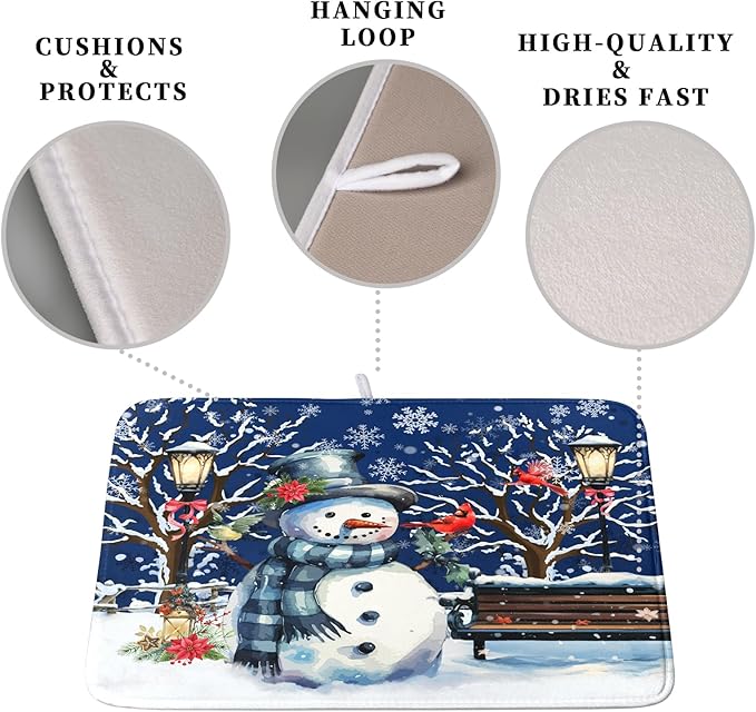 Winter Snowman Dish Drying Mat for Kitchen Counter 18x24, Xmas Snowflakes Dish Drainer Mat Snowy Night Drying Kitchen Mats Cardinal Birld Dish Pad Absorbent Reversible Coffee Mats for Dishes