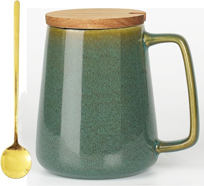 24 OZ Extra Large Ceramic Coffee Mug, with Spoon and Wooden Lid, Big Tea Cups with a Large Handle for Office and Home, Microwave and Dishwasher Safe (24 oz Green Set)