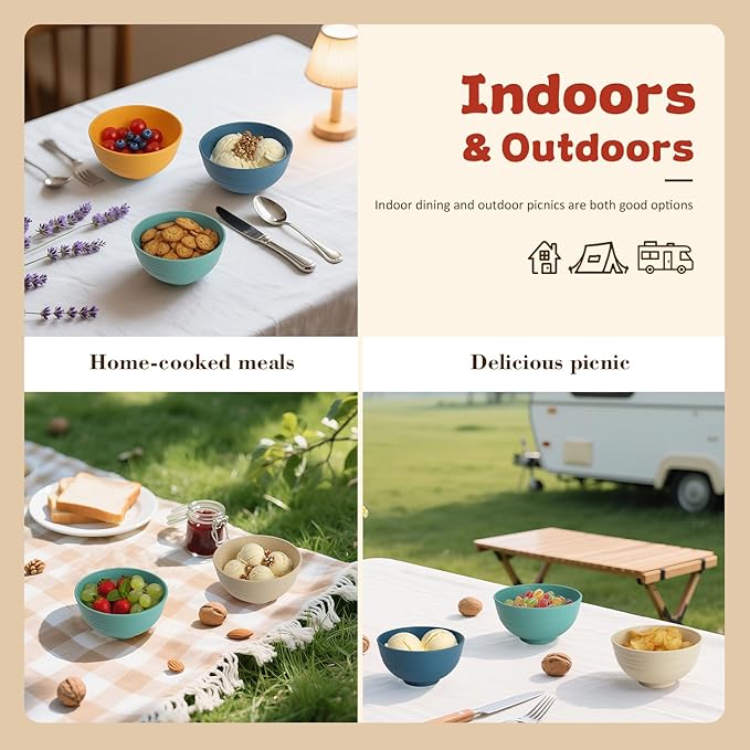 Wrova Handy Wheat Straw Bowls Set of 6,Unbreakable Ice-Cream Bowls Sets for Kids,10oz Small Dessert Bowls for Kitchen,Camping and RV.Vibrant Series