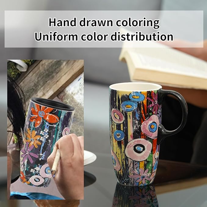 Topadorn Ceramic Travel Mugs Porcelain Latte Tea Cup Coffee Mug with Lid and Handle,17oz. Abstract Garden