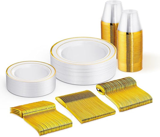 150 PCS Gold Disposable Dinnerware Set for 25 Guests, Gold and White Plastic Plates for Party, 25 Dinner & Salad Plates, 25 Cups, 25 Forks Knives Spoons for Wedding and Party Supplies