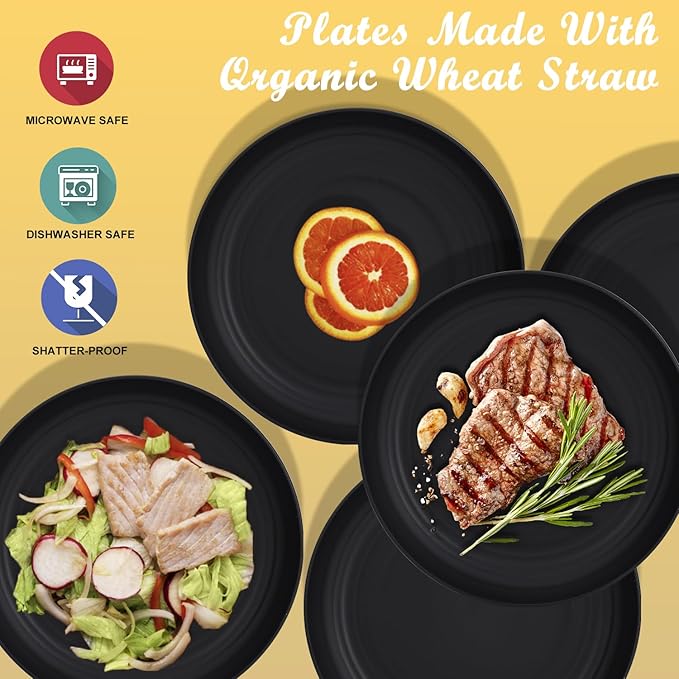 Wrova Wheat Straw Plates - 10 Inch Unbreakable Dinner Plates Set of 8 - Dishwasher & Microwave Safe Plastic Plates Reusable - Lightweight Plate for kitchen,camping (Pure Black)