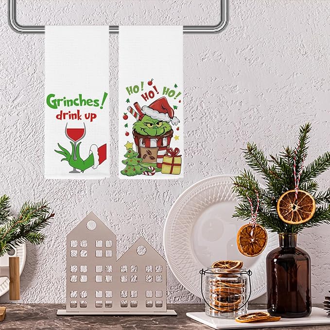 Christmas Kitchen Decor,Christmas Hand Kitchen Towels Set of 2,Hot Cocoa Xmas Tree Drink Up Towels Ho Ho Ho Baking Cooking Cloth,Funny Holiday Winter Home Kitchen Decoration 14 x 23 Inches