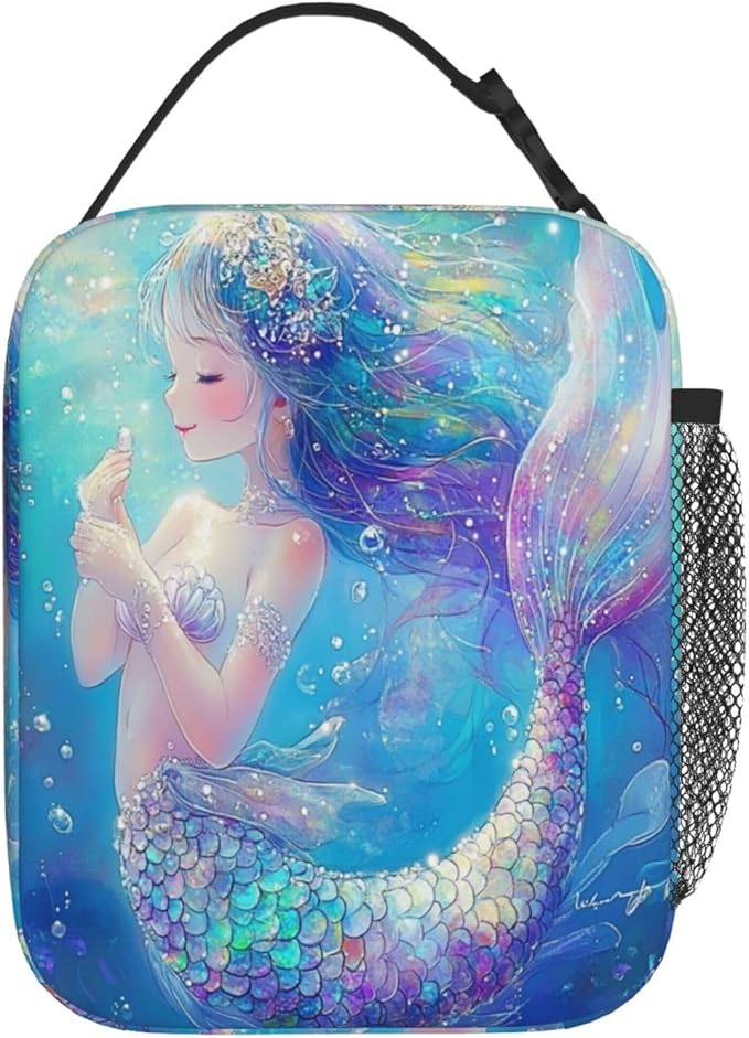 SUPLUCHOM Lunch Bag Mermaid Childish Blue Sea Insulated Bento Box Cooler with Side Pocket for Girl Boy Women Men Work School Picnic Hiking Daytrip