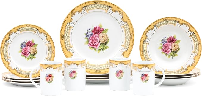 Porcelain Dinnerware Sets for 4 - White and Gold 16 Piece Set Vintage Inspired Roses Kitchen Dining Plate, Salad Plates, Soup Plate-Bowl Mugs for Every Day Dishes or Formal Occasions