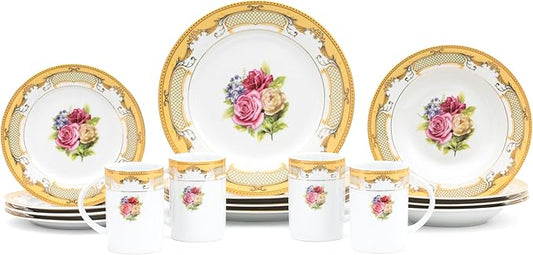 Porcelain Dinnerware Sets for 4 - White and Gold 16 Piece Set Vintage Inspired Roses Kitchen Dining Plate, Salad Plates, Soup Plate-Bowl Mugs for Every Day Dishes or Formal Occasions