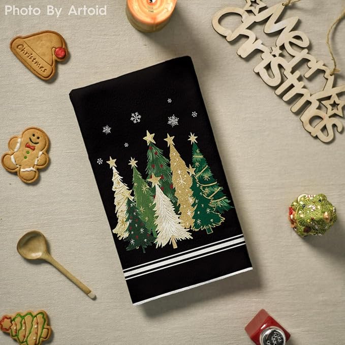Artoid Mode Black Xmas Tree Merry Christmas Kitchen Towels Dish Towels, 18x26 Inch Farmhouse Star Snowflakes Decoration Cleaning Set of 2
