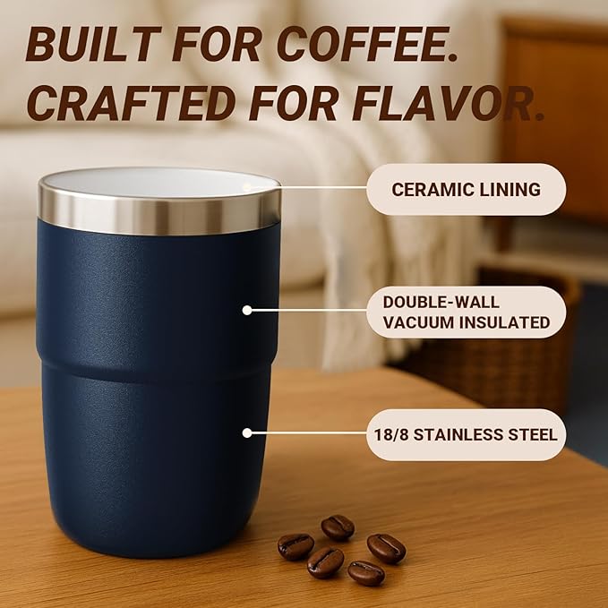 8 oz Espresso/Coffee Cup with Magnetic Lid, Ceramic-Lined 18/8 Stainless Steel, Double-Wall Vacuum Insulated, Stackable, Dishwasher Safe, Mini Tumbler for On-the-Go (Seafoam, 2 Pack)