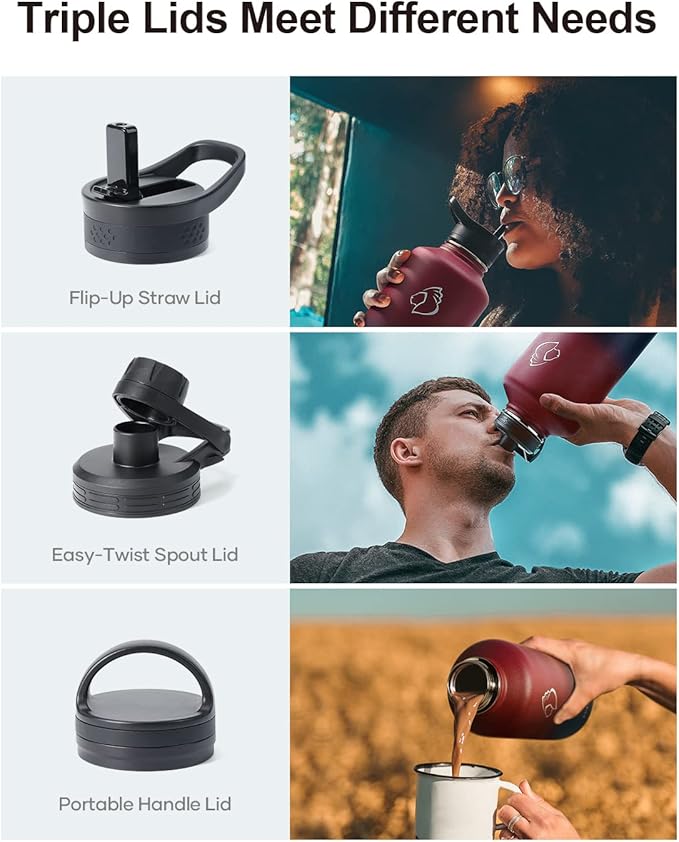 BUZIO 64 oz Water Bottle Insulated with Straw & 3 lid and Carrying Pouch, Leak Proof Half Gallon Stainless Steel Water Flask Jug, Cold for 48 Hrs Double Vacuum Thermo Canteen, BPA-Free, Ruby Red Navy