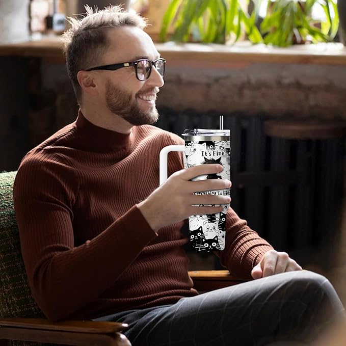 Cat Gifts for Women Girls Funny Black Cat Cup Tumbler with Handle 30oz Everything Is Fine Cats Themed Insulated Travel Coffee Mugs Cool Gifts for Cats Lovers Mom Christmas Birthday Present