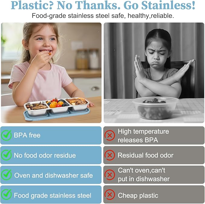 ﻿ 3 Compartment Stainless Steel Snack Containers with Silicone Lids, Reusable Food Storage Containers ，snackle box container for School ，Travel, Outdoor, Camping.