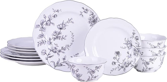 222 Fifth 12-Piece Porcelain Dinnerware Set for 4, White & Black Plates and Bowls Set, Glossy Ceramic Dish Set with Delicate Floral Design, Elegant Kitchen Dishes, Microwave & Dishwasher Safe, Bellamy