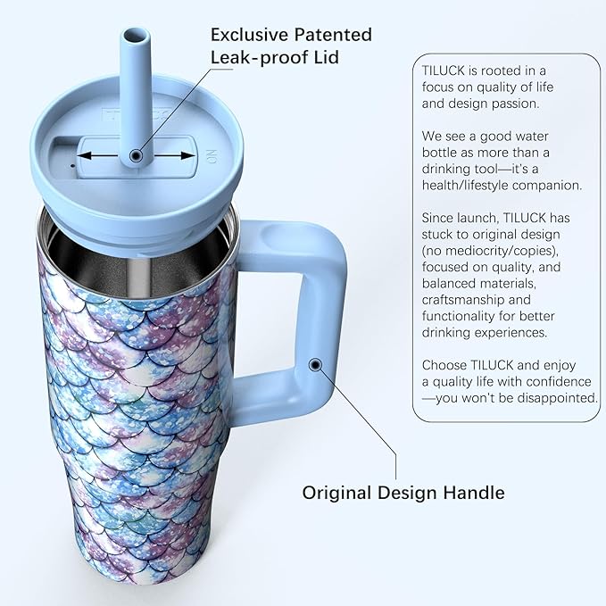 TILUCK 30 oz Tumbler with Handle, Vacuum Insulated Stainless Steel Travel Mug with 100% Leak-Proof Silicone Straw Lid, Cupholder Friendly Water Bottle(FishScales, 30oz)