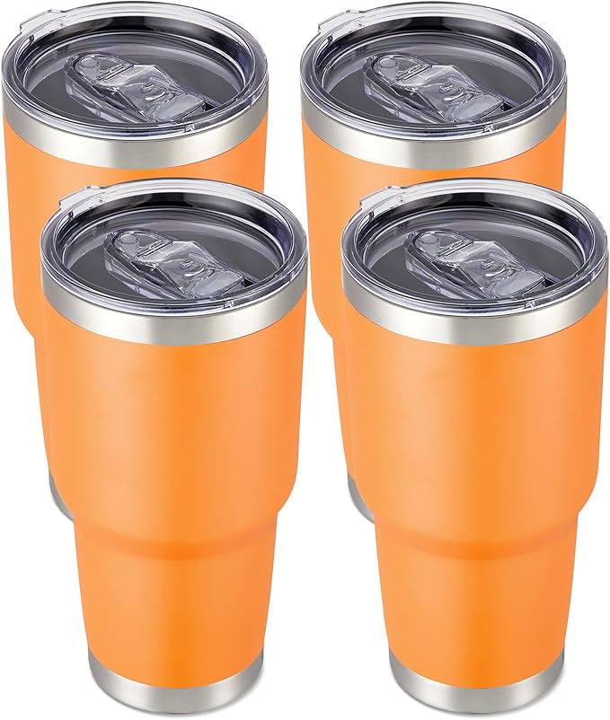 30 oz Tumbler with Lid Stainless Steel Tumblers Bulk Vacuum Insulated Cup Reusable Powder Coated Travel Mug Double Wall Leak Proof Cups Keep Cold Drinks for 12 Hours Orange, Set of 4