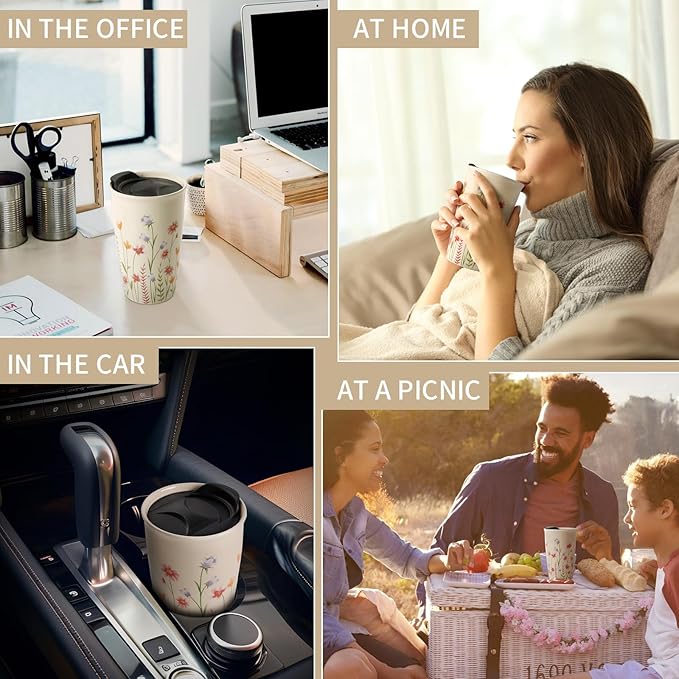 ANTIS'S HOME Ceramic Travel Mug with Lid, Flower Pattern Beige Double Wall Coffee Mug Tumbler, Reusable Tall Cup, Splash Resistant Lid, Dishwasher Microwaveable Safe