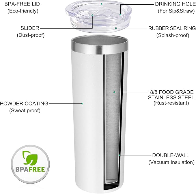 VEGOND Stainless Steel Tumblers Bulk 12 Pack, 20 oz Vacuum Insulated Skinny Tumblers with Lids and Straws, Double Wall Coffee Mug, Travel Water Cup, White