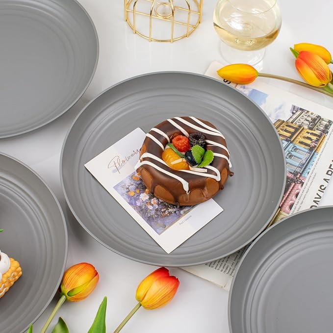 supernal 16pcs Dark Grey Wheat Straw Plates, Deep Dinner Plastic Plates, Reusable Plate, 10 inch Unbreakable Plate Set for Picninc, Camping, Lightweight Microwave Dishwasher Safe