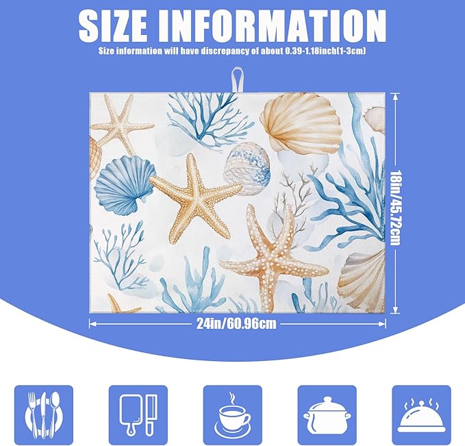 Beach Seashell Starfish Dish Drying Mat for Kitchen Counter Nautical Coastal Drying Pad Absorbent Reversible Dish Drainer Rack Mats Draining Pad