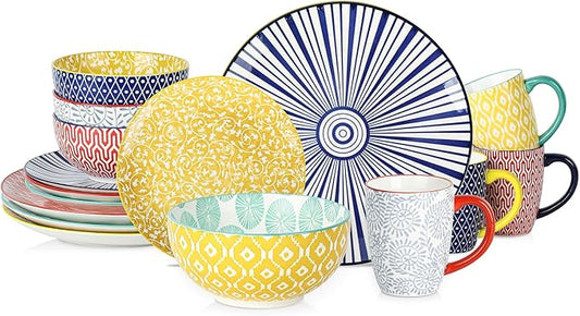 Selamica Ceramic Dinnerware Sets for 4, 16 Pieces Plates and Bowls Sets, Dishes set for 4-Chip and Scratch Resistant, Dishwasher&Microwave Safe, Assorted Colors