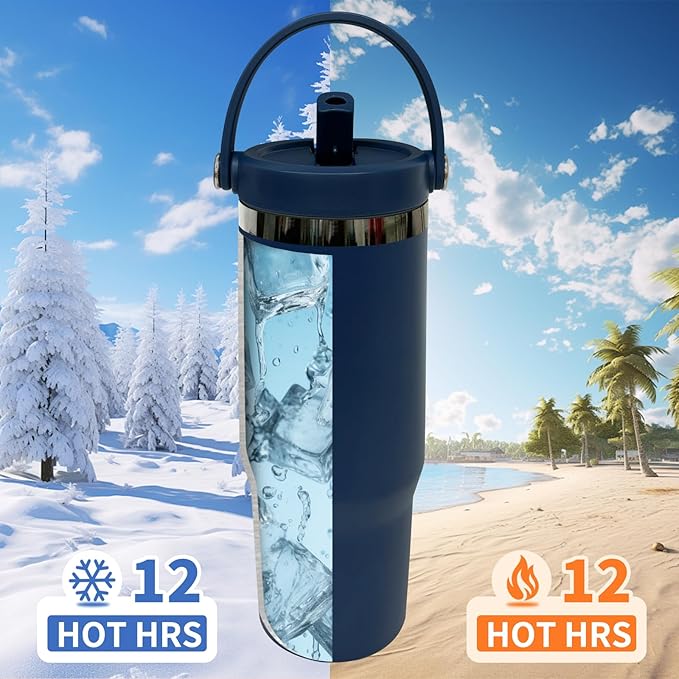 30 oz Tumbler with Handle, Double Wall Vacuum Insulated Tumblers with Flip Straw, Coffee Mug 30oz Powder Coated Cup for Hot and Cold Drinks(Black Plated, Navy,8 pack)