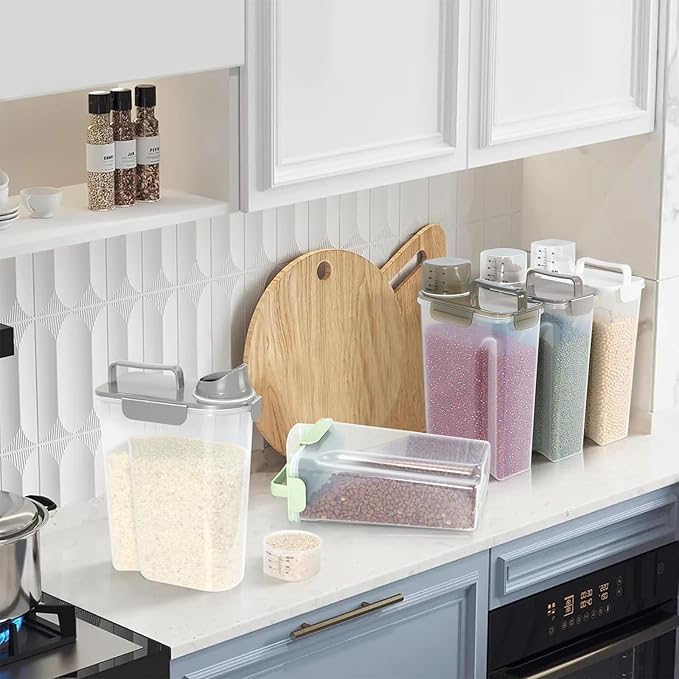 5-7Lbs Dog Cat Food Storage Container with Upgraded Large Nozzle BPA-free, 4 Snap Seals Plastic Pet Food Storage Containers with Handles (1, Light Gray, 5L)