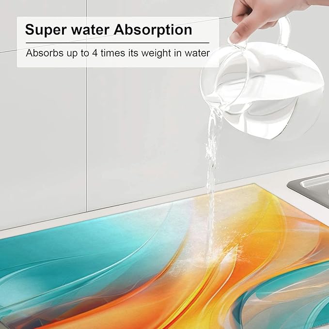 Teal and Burnt Orange Abstract Art Swirl Microfiber Dish Drying Mat, 18 x 24 inch Absorbent Decorative Kitchen Counter Mats, Polyester, Washable, Reusable, Foldable, for Dining Area, Small Appliances